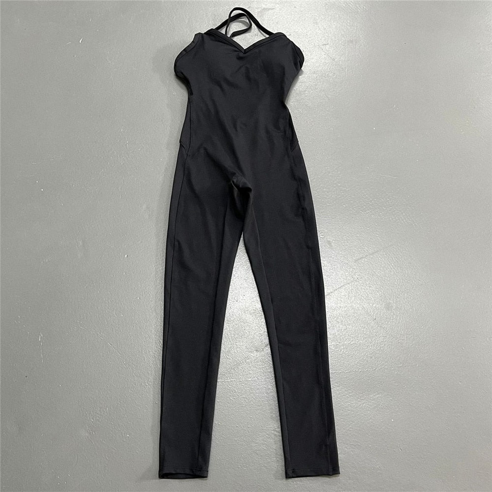 Buy black-long Athleisure  One Piece Backless Fitness Bodysuit / Jumpsuit